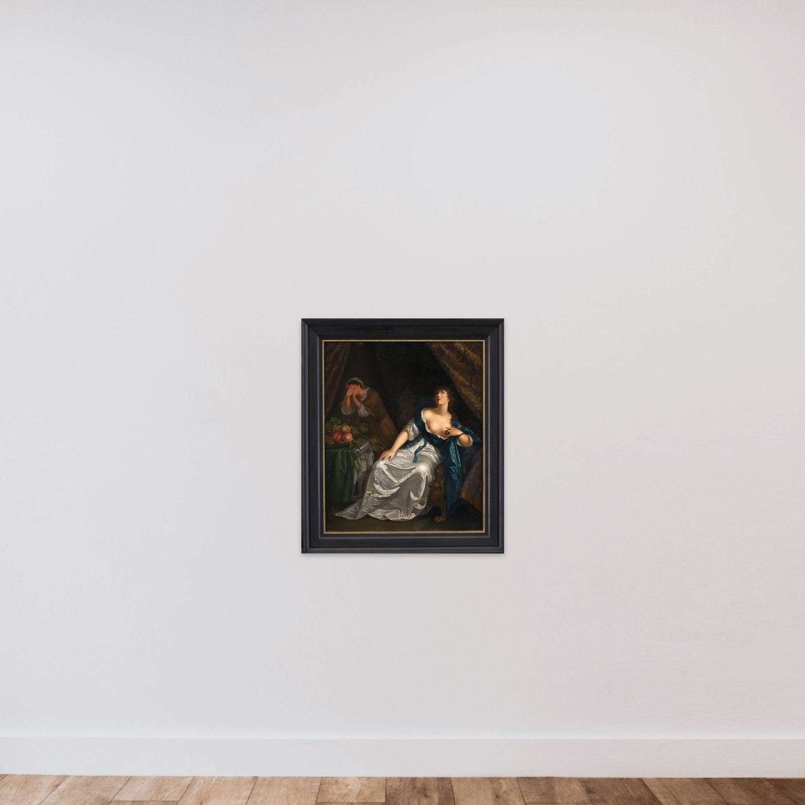 Kleopatras død. Spejlvendt kopi efter Caspar Netscher i Staatliche Kunsthalle, Karlsruhe unframed — shown to scale