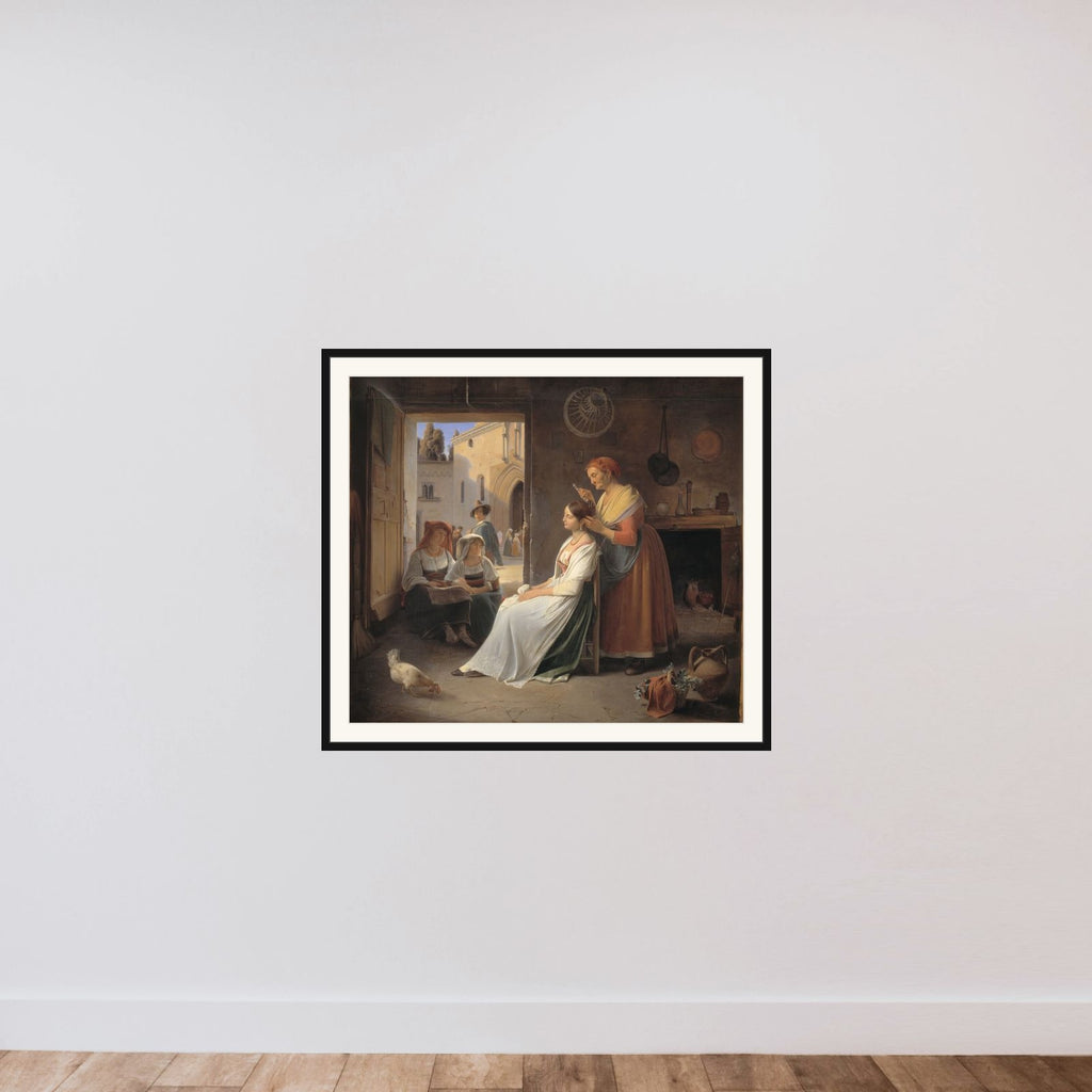 En ung italiensk kvinde, som smykkes af sin mor framed — shown to scale