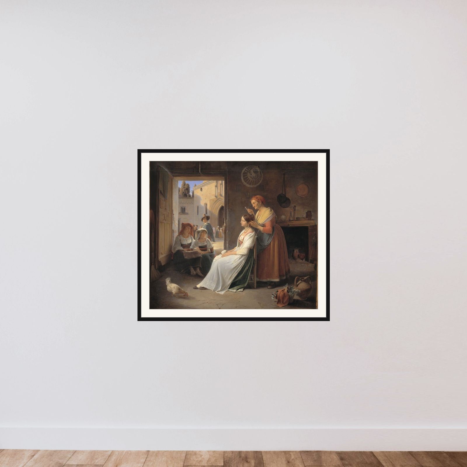 En ung italiensk kvinde, som smykkes af sin mor framed — shown to scale
