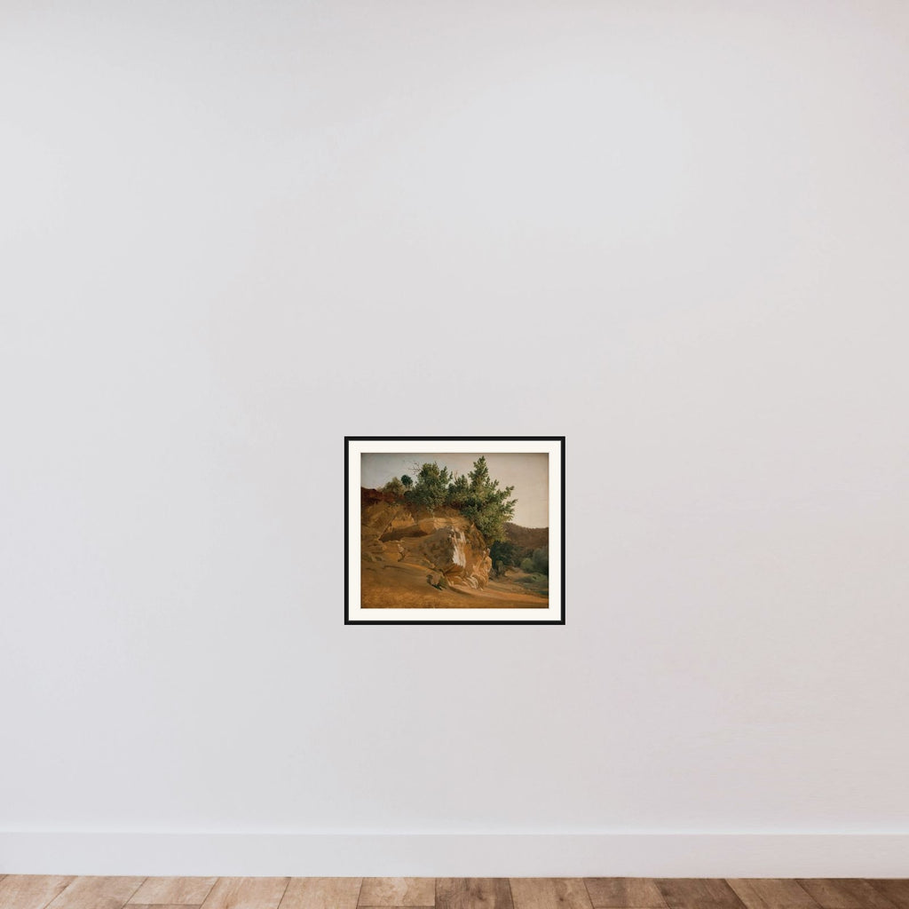 Italiensk bjerglandskab med tilgroede klipper. Formodentlig i nærheden af Olevano framed — shown to scale