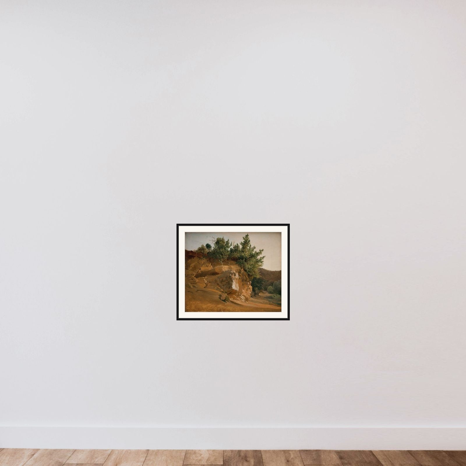 Italiensk bjerglandskab med tilgroede klipper. Formodentlig i nærheden af Olevano framed — shown to scale