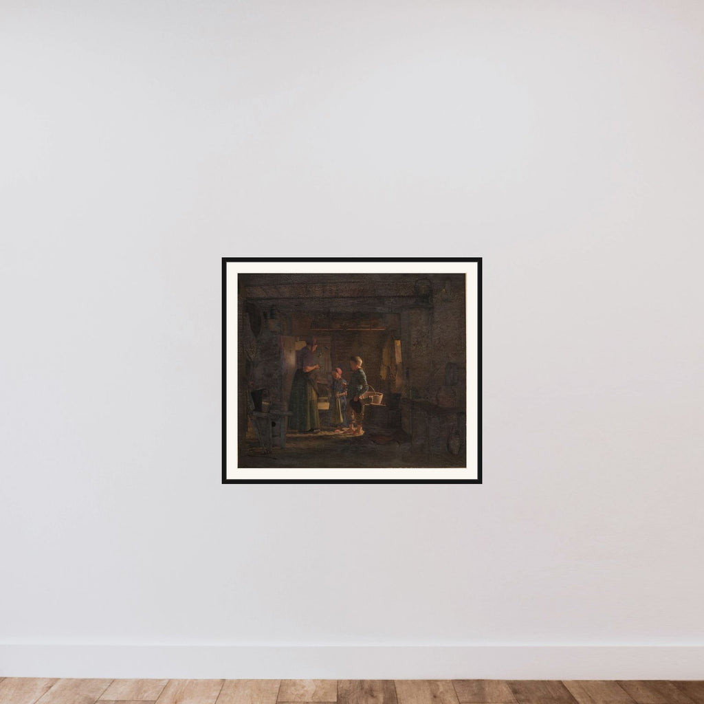 To tiggerbørn i et bondekøkken framed — shown to scale