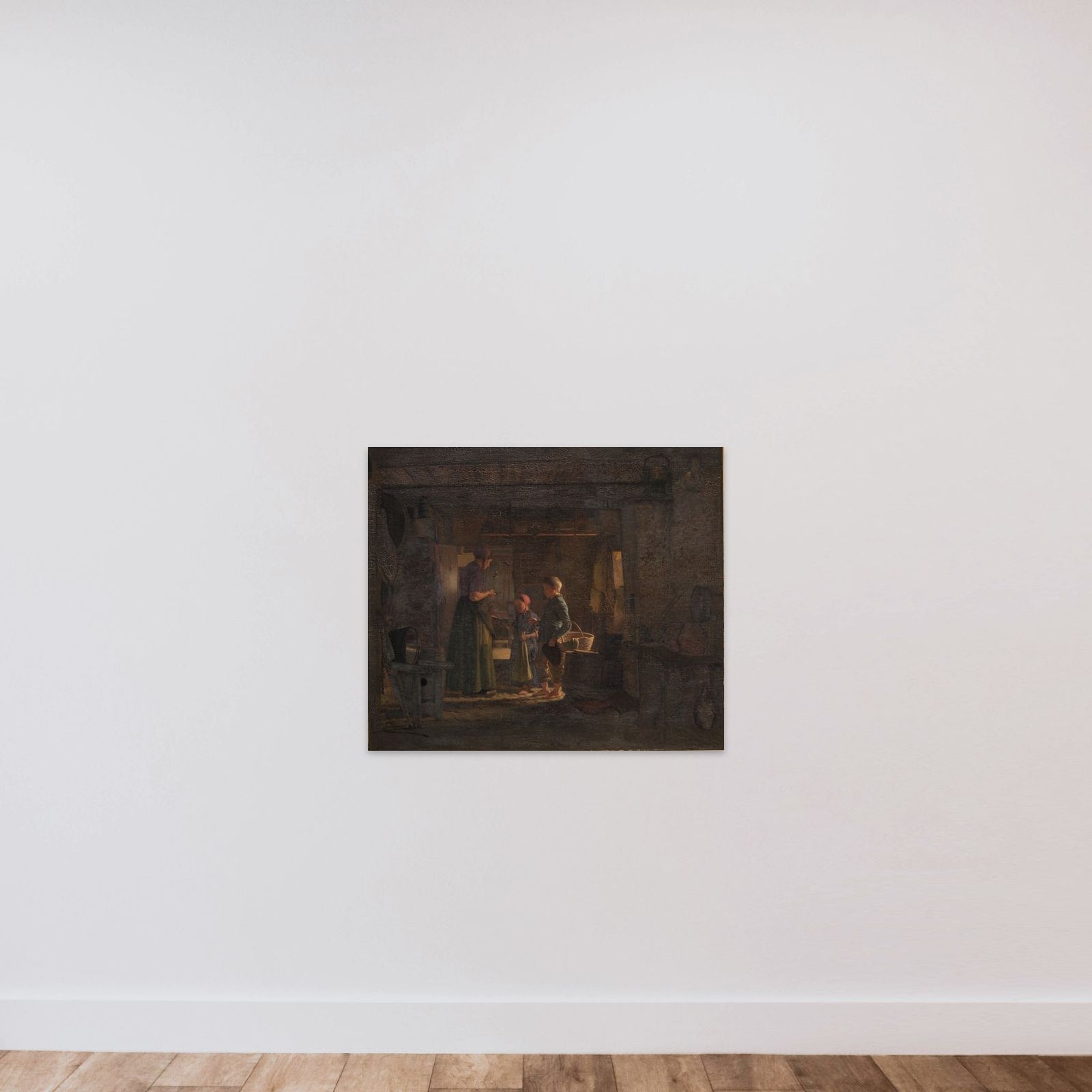 To tiggerbørn i et bondekøkken unframed — shown to scale