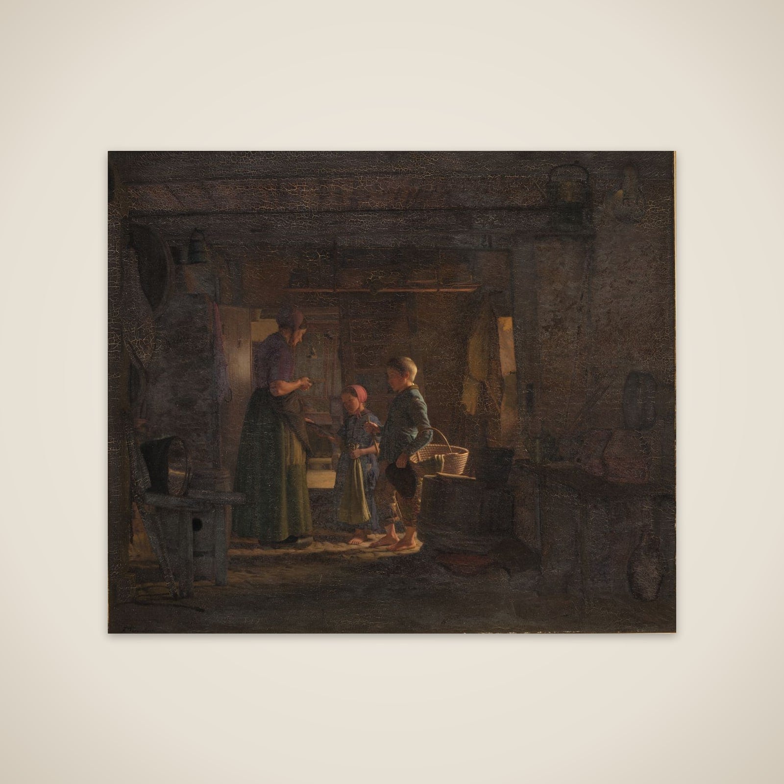 To tiggerbørn i et bondekøkken unframed print