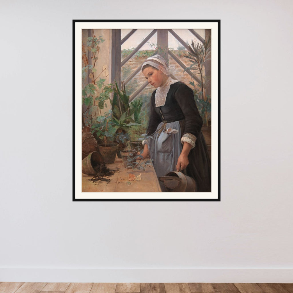 Bretagne-pige ordner planter i et drivhus framed — shown to scale