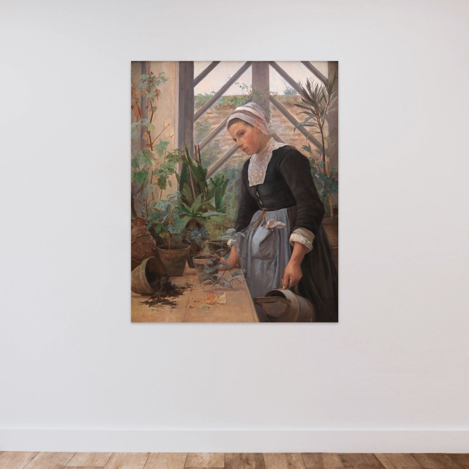 Bretagne-pige ordner planter i et drivhus unframed — shown to scale