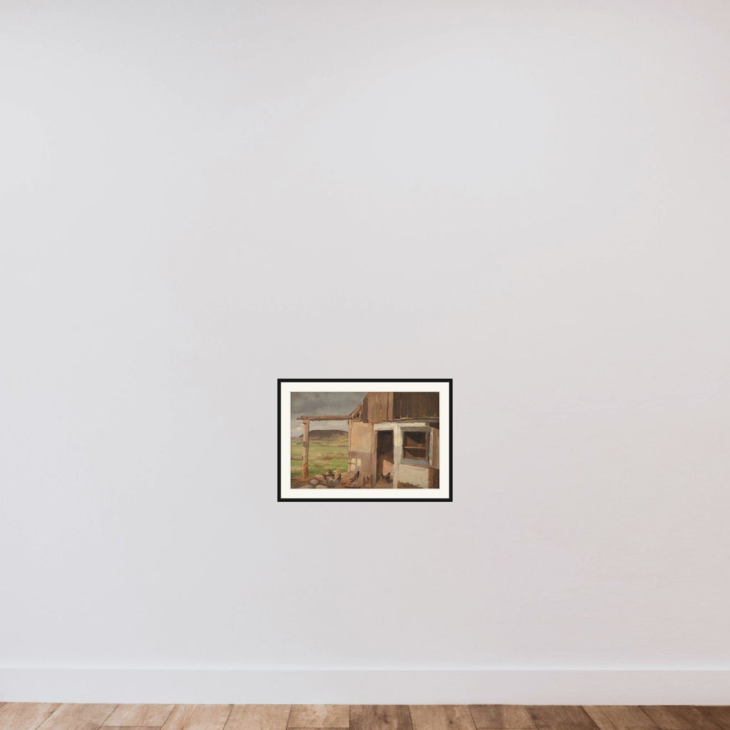 Hus med hønsegård framed — shown to scale