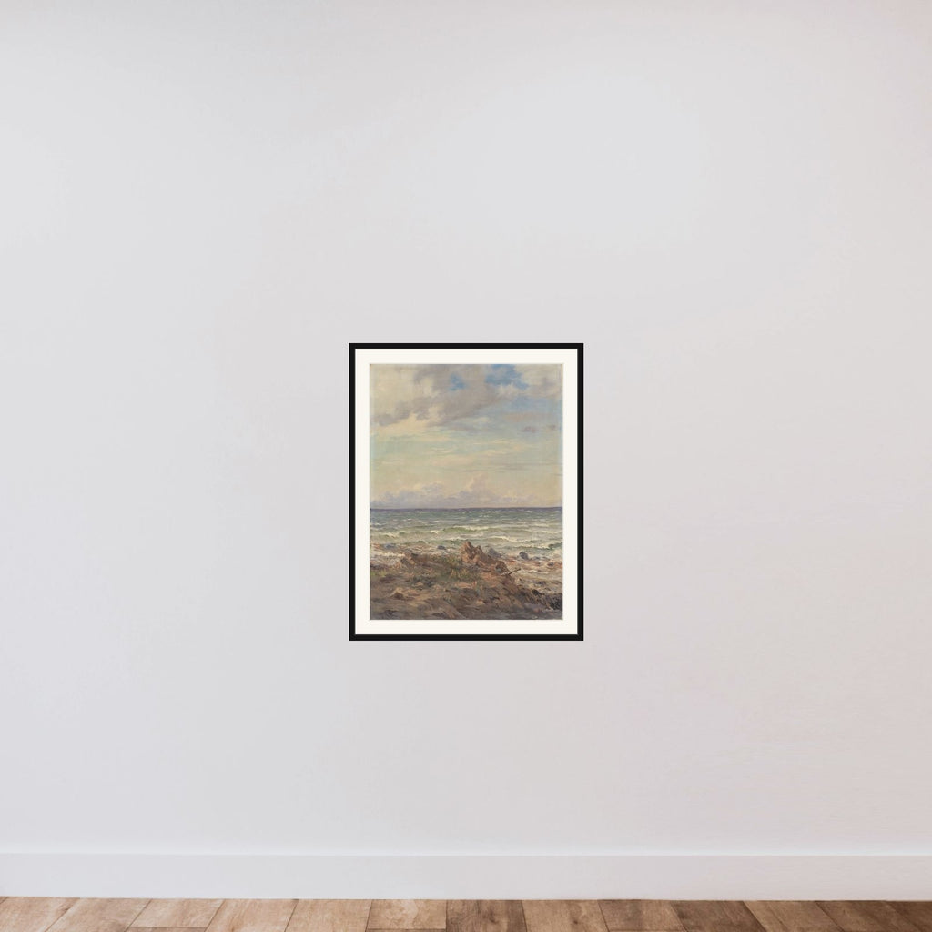 Kystparti med stenet strand framed — shown to scale