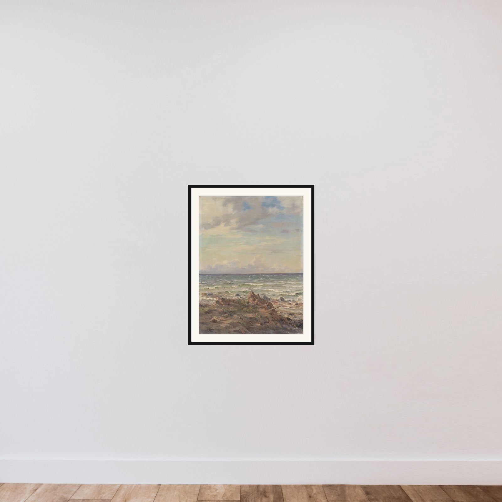 Kystparti med stenet strand framed — shown to scale