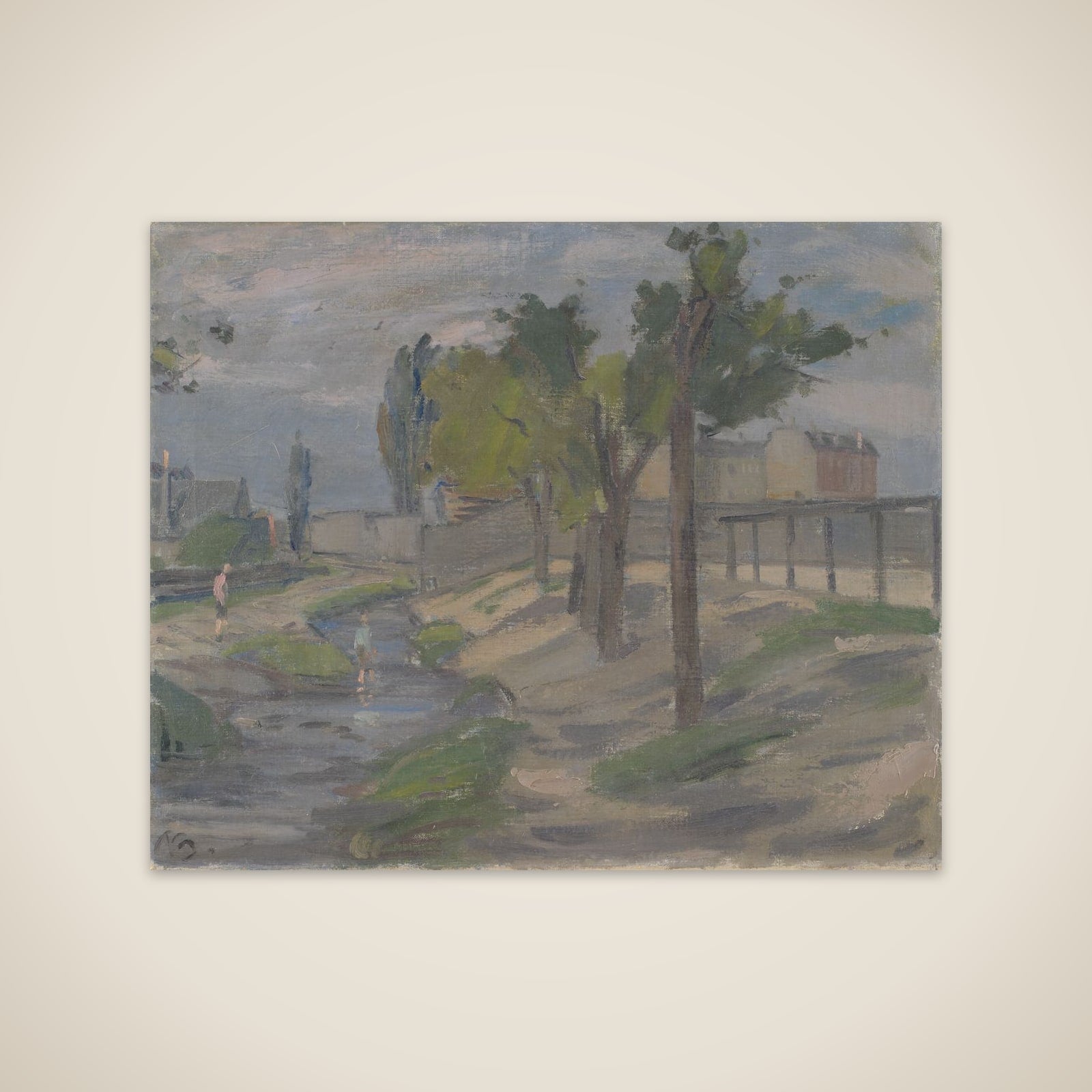 Drenge, der sopper i Ladegårdsåen (?). I baggrunden husgavle unframed print