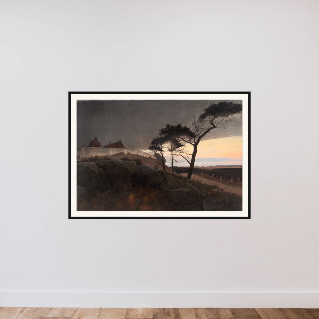 Efter solnedgang. "Nu skrider Dagen under, og Natten vælder ud" framed — shown to scale