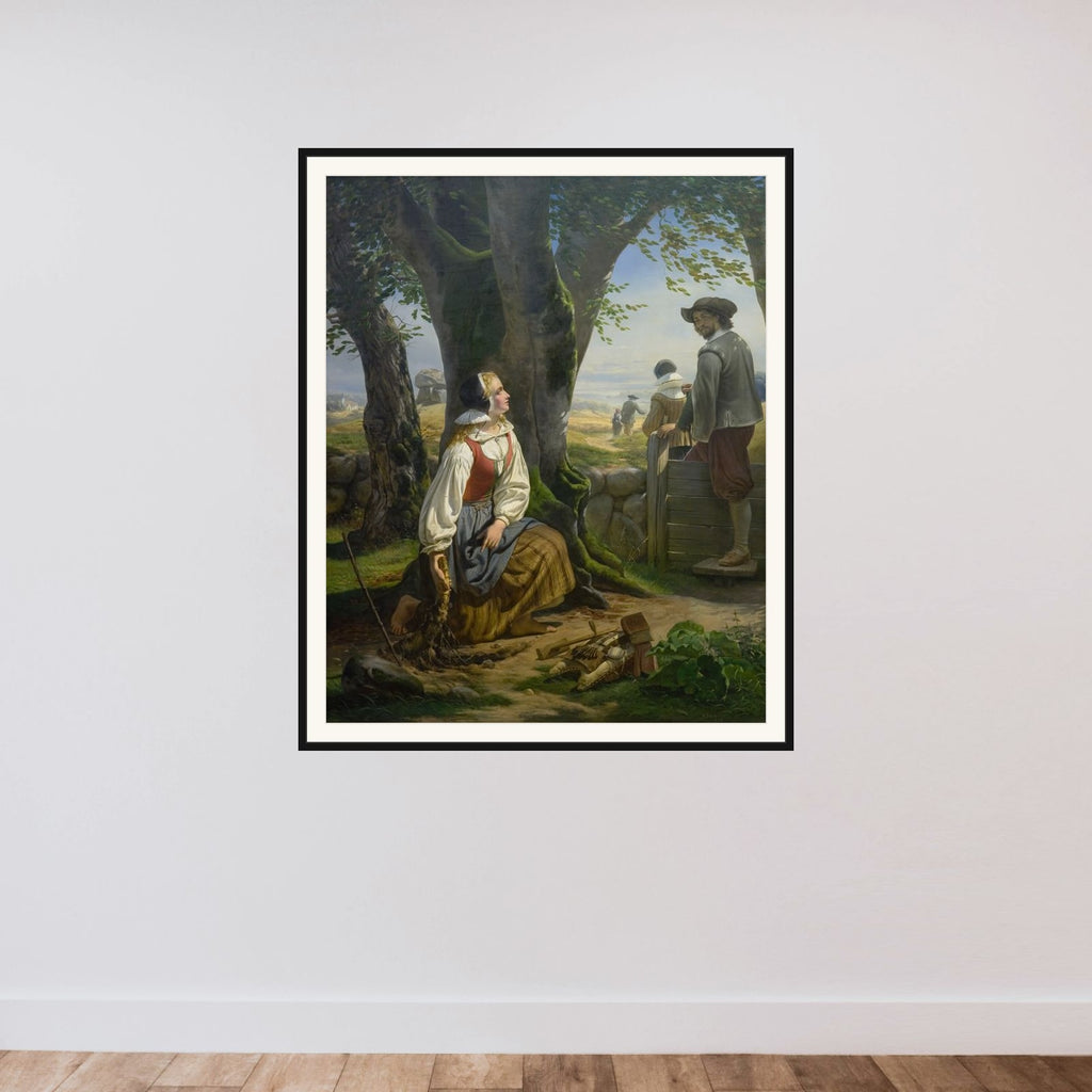 Kirstine Svends finder guldhornet ved Gallehus den 20. juli 1639 framed — shown to scale