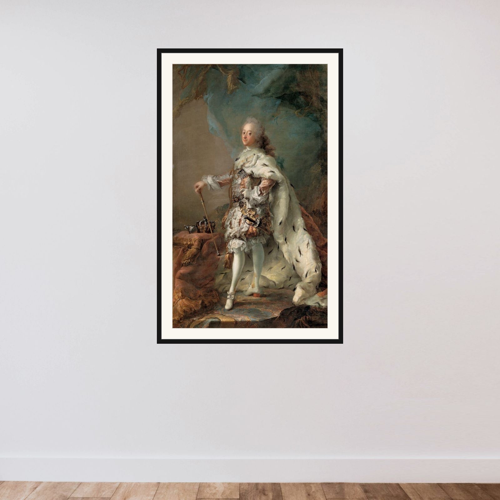 Portræt af Frederik V i salvingsdragt framed — shown to scale