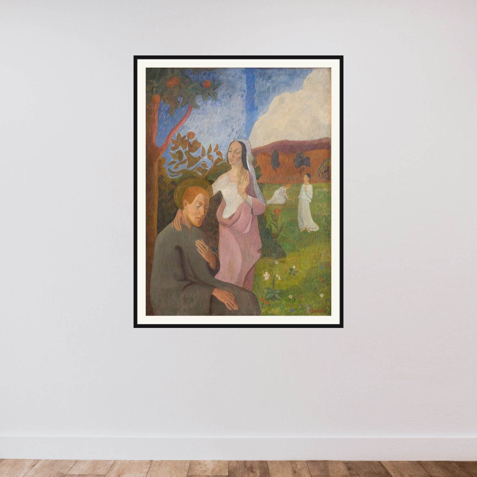 Dekorativt billede. Den hellige Frans' vision med de tre hvide jomfruer framed — shown to scale