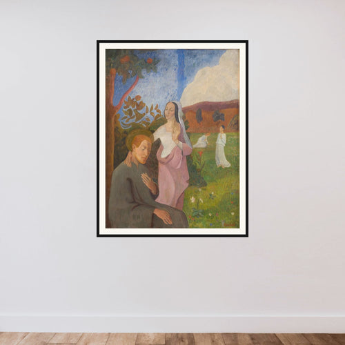 Dekorativt billede. Den hellige Frans' vision med de tre hvide jomfruer framed — shown to scale