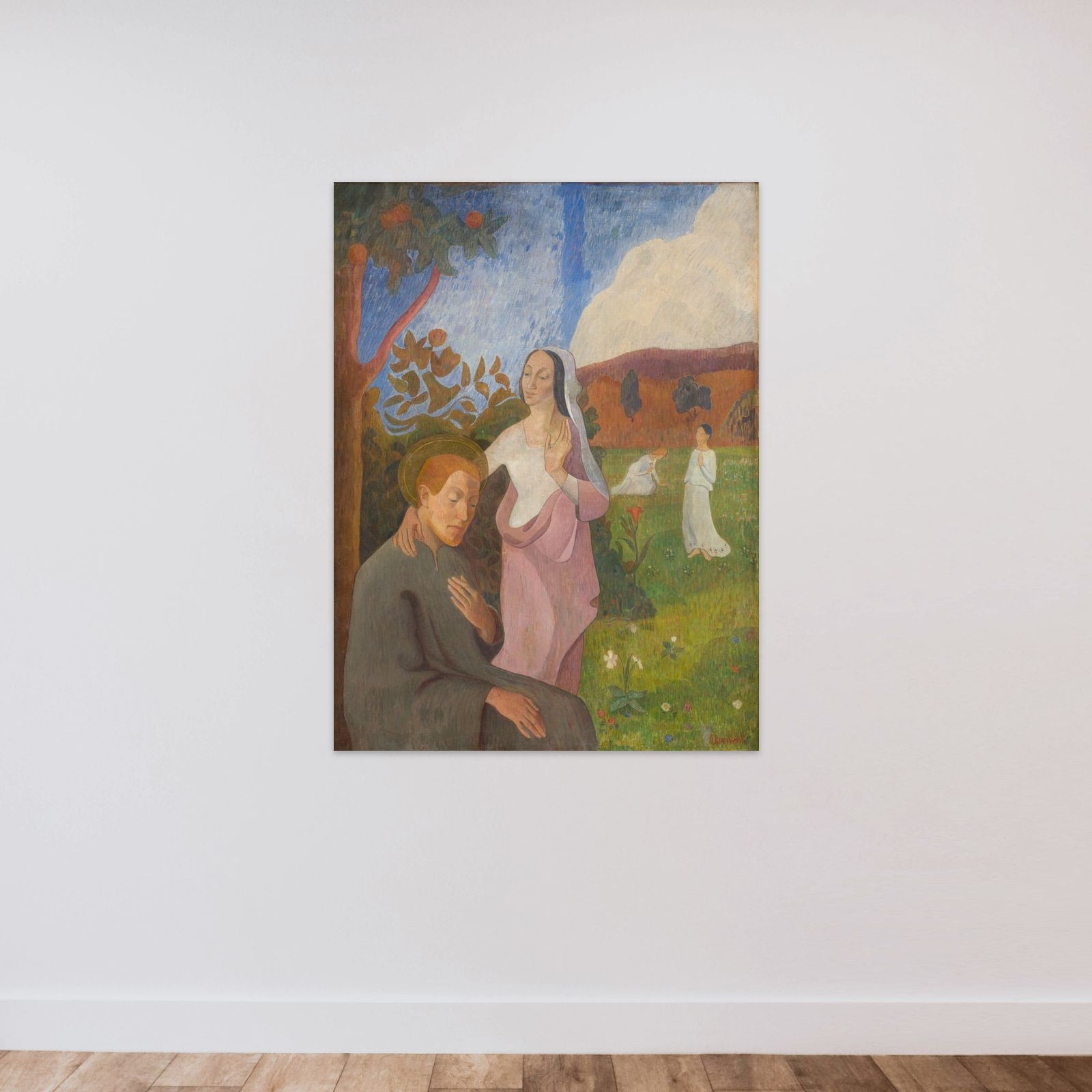 Dekorativt billede. Den hellige Frans' vision med de tre hvide jomfruer unframed — shown to scale