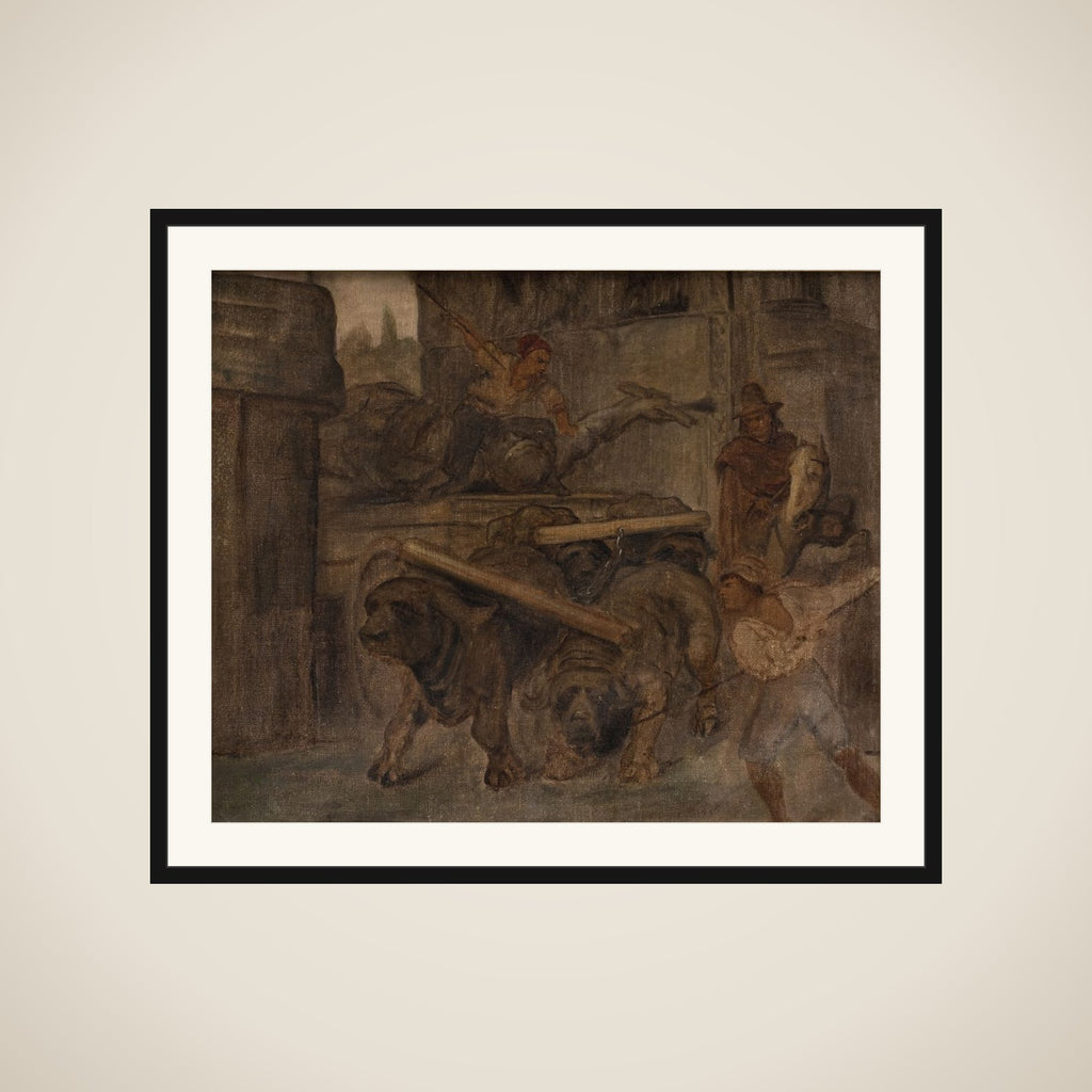Romerske arbejdsfolk transporterer en antik kejserstatue fra Colosseum igennem Titusbuen til museerne i Capitol. Studie framed