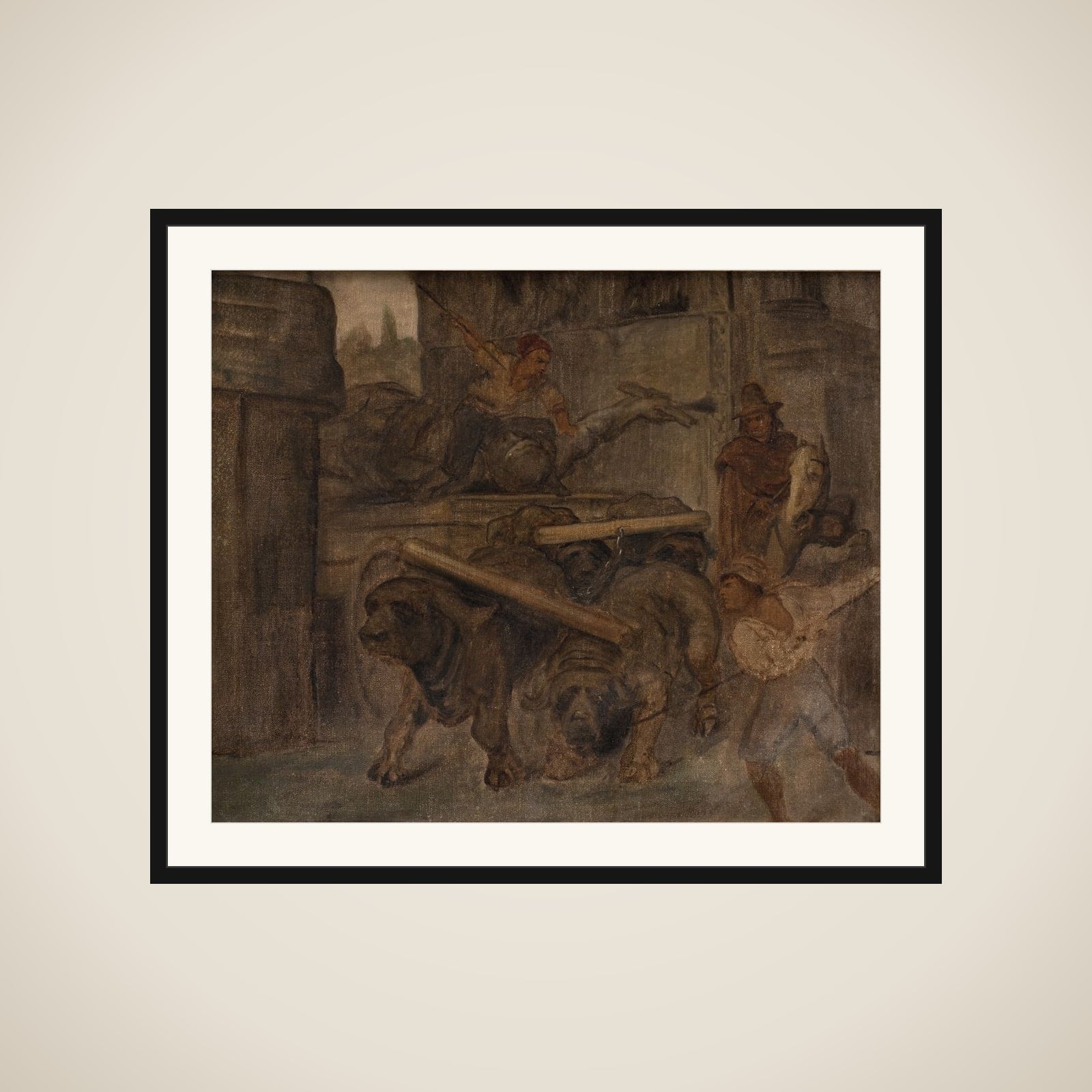 Romerske arbejdsfolk transporterer en antik kejserstatue fra Colosseum igennem Titusbuen til museerne i Capitol. Studie framed