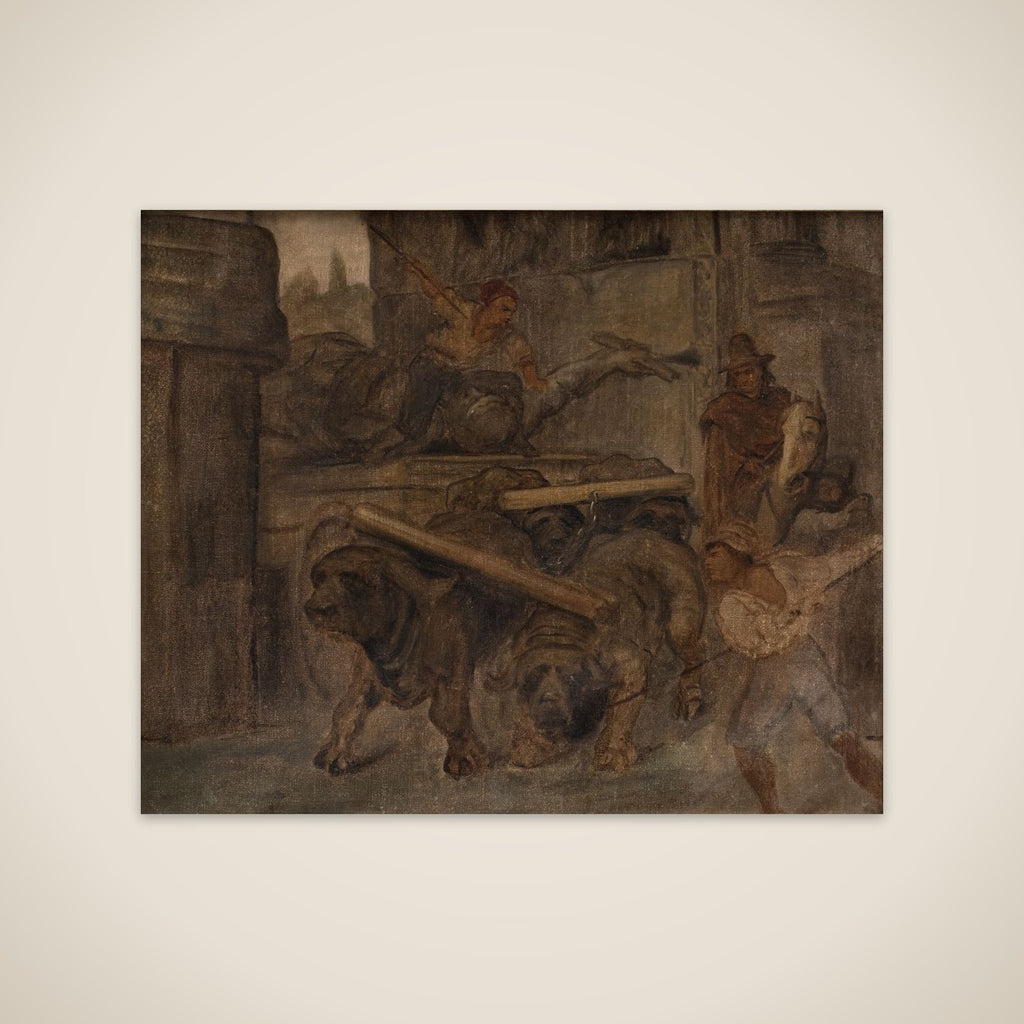 Romerske arbejdsfolk transporterer en antik kejserstatue fra Colosseum igennem Titusbuen til museerne i Capitol. Studie unframed print