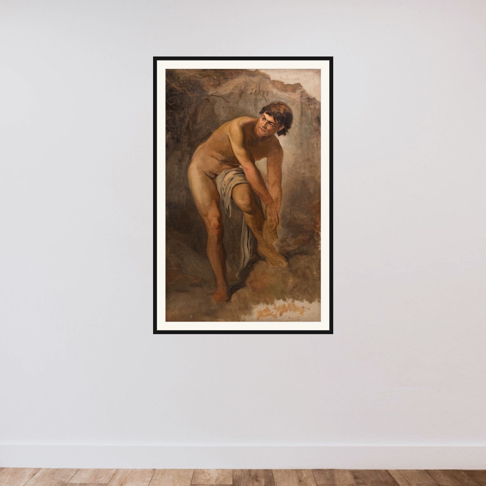 Ung italiensk mandsfigur i klippelandskab framed — shown to scale