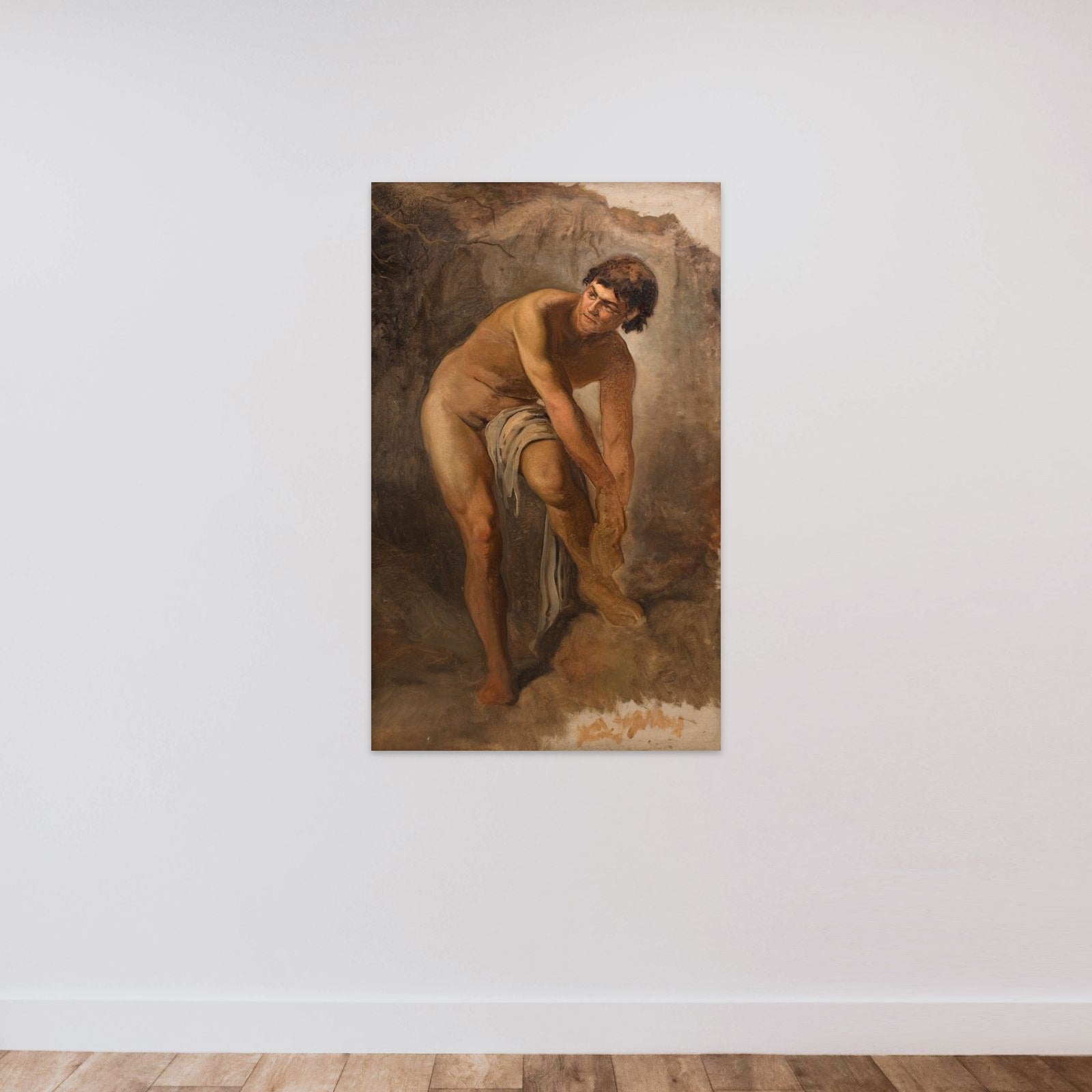 Ung italiensk mandsfigur i klippelandskab unframed — shown to scale