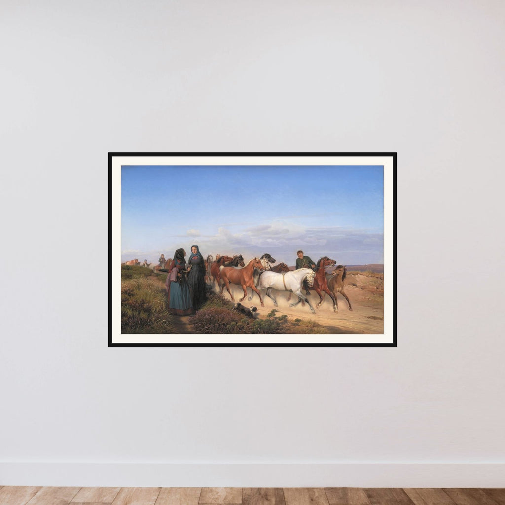 Jyske bønder på vej hjem fra marked med deres heste framed — shown to scale
