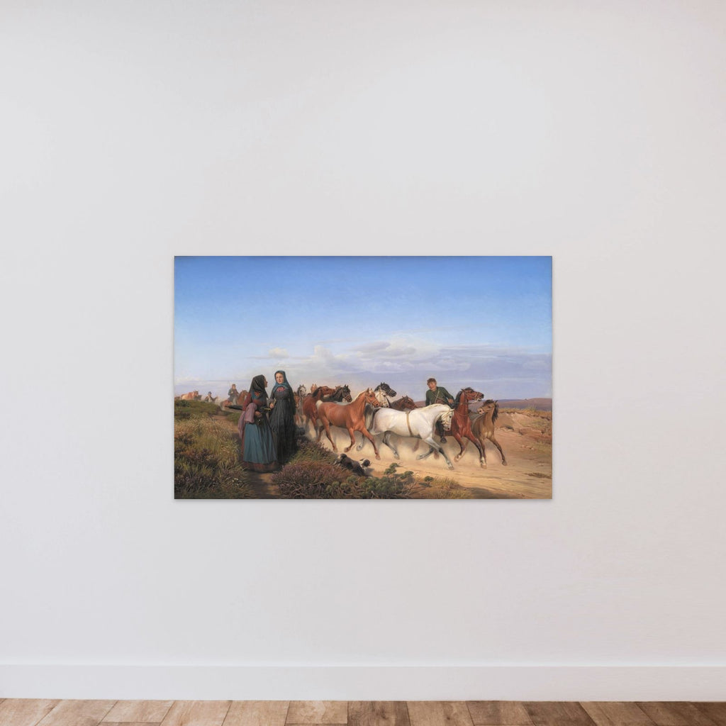 Jyske bønder på vej hjem fra marked med deres heste unframed — shown to scale