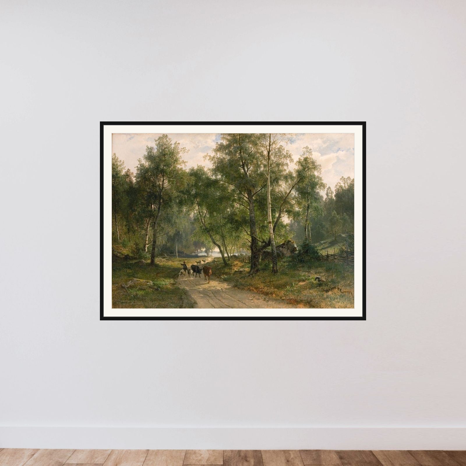 Under birkene. Motiv fra Mälaren framed — shown to scale