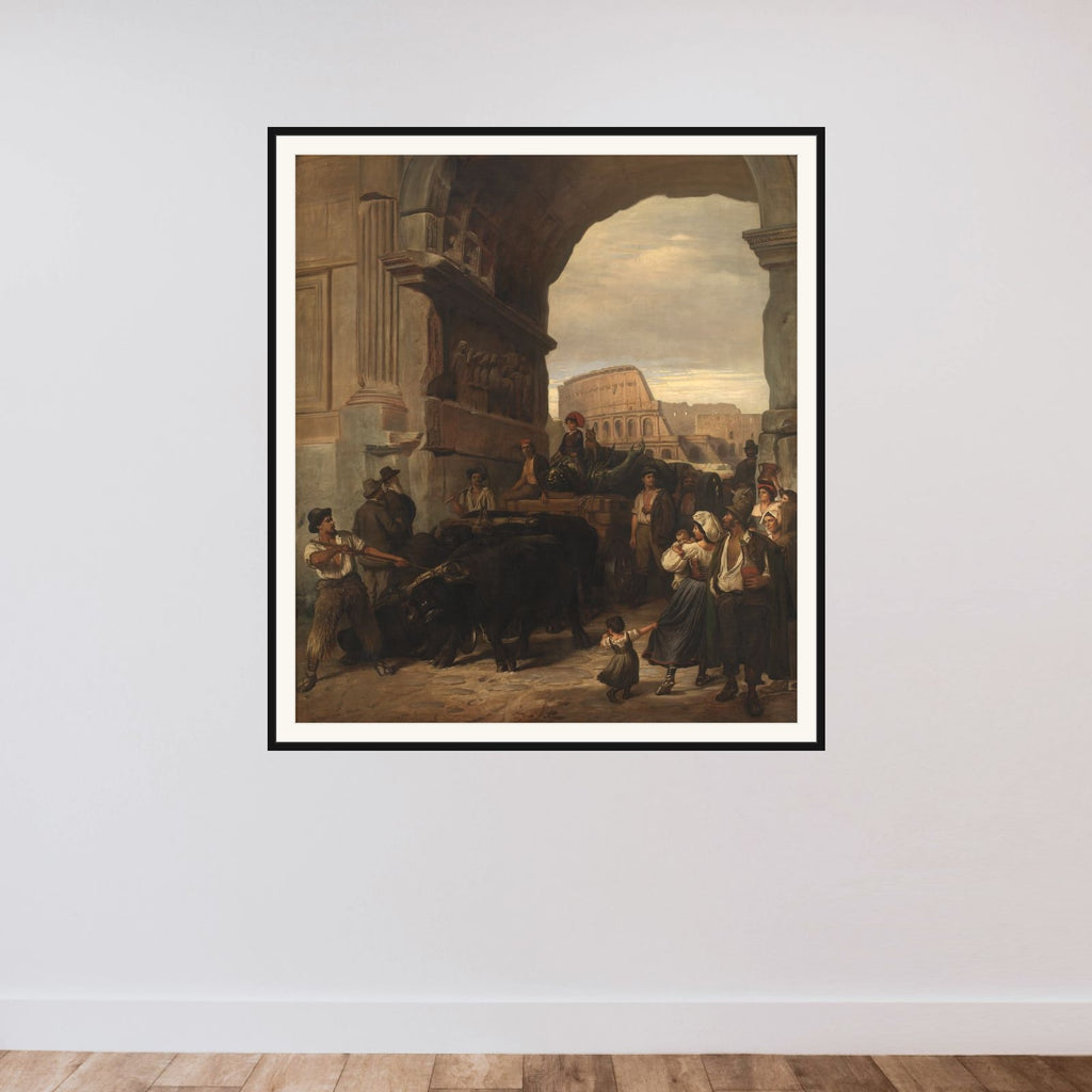 Romerske arbejdsfolk transporterer en antik kejserstatue fra Colosseum igennem Titusbuen til museerne i Capitol framed — shown to scale