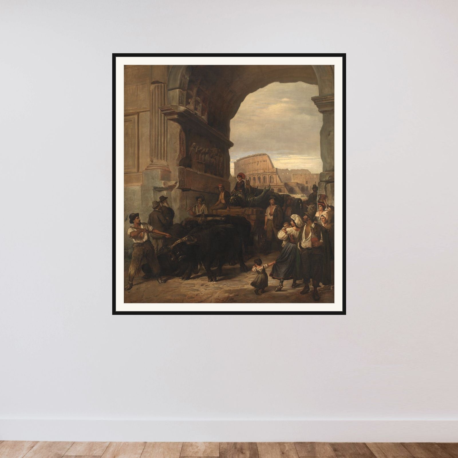 Romerske arbejdsfolk transporterer en antik kejserstatue fra Colosseum igennem Titusbuen til museerne i Capitol framed — shown to scale