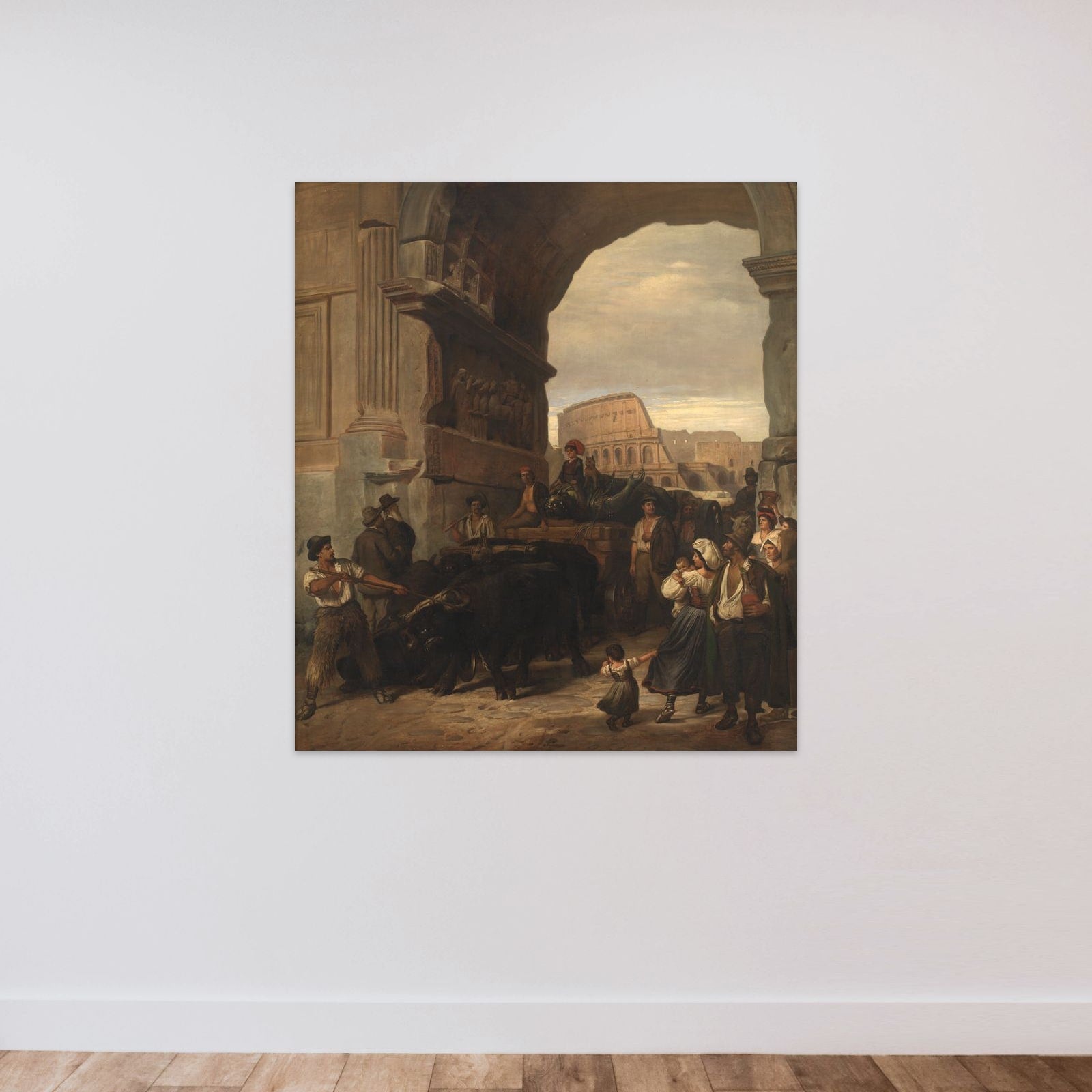 Romerske arbejdsfolk transporterer en antik kejserstatue fra Colosseum igennem Titusbuen til museerne i Capitol unframed — shown to scale