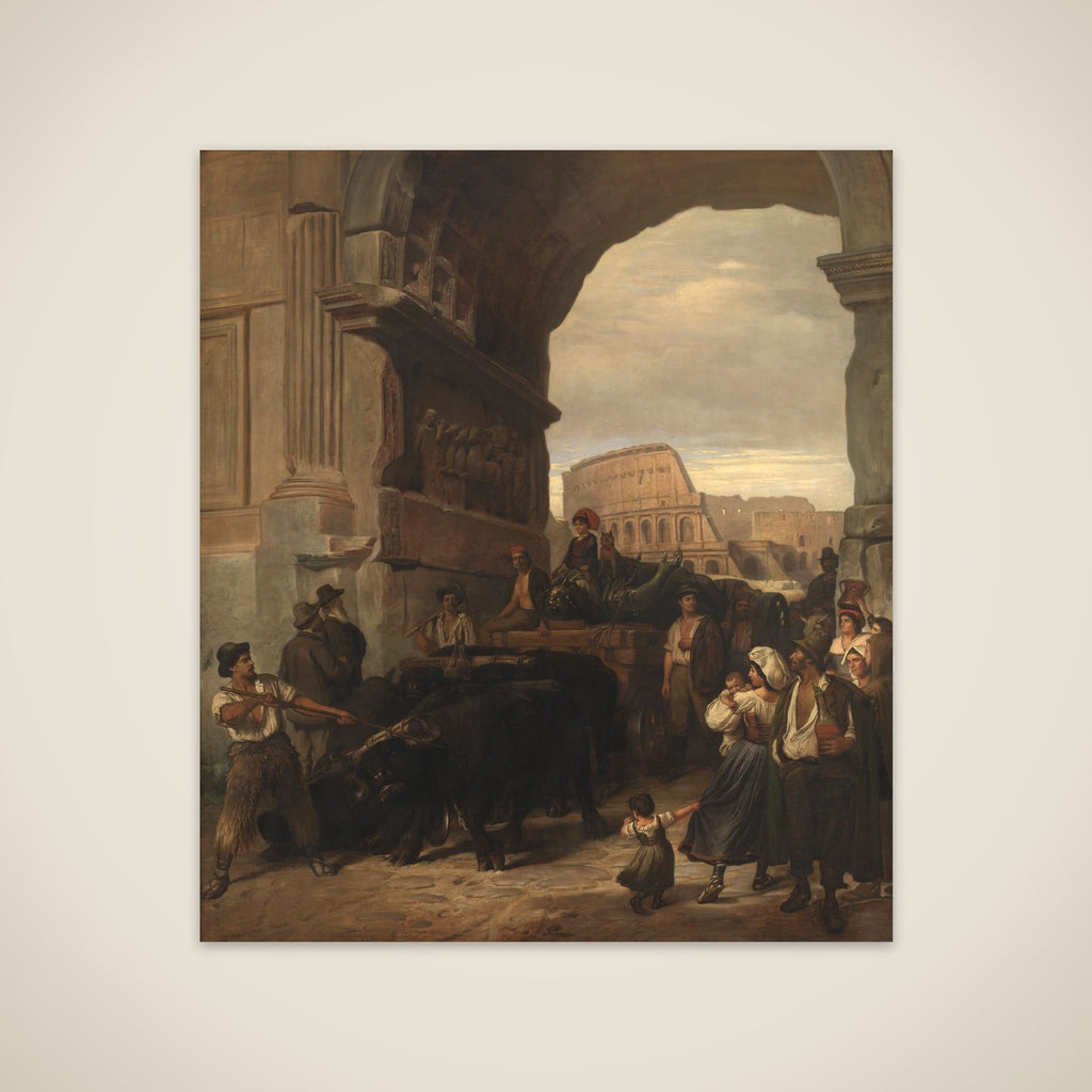 Romerske arbejdsfolk transporterer en antik kejserstatue fra Colosseum igennem Titusbuen til museerne i Capitol unframed print