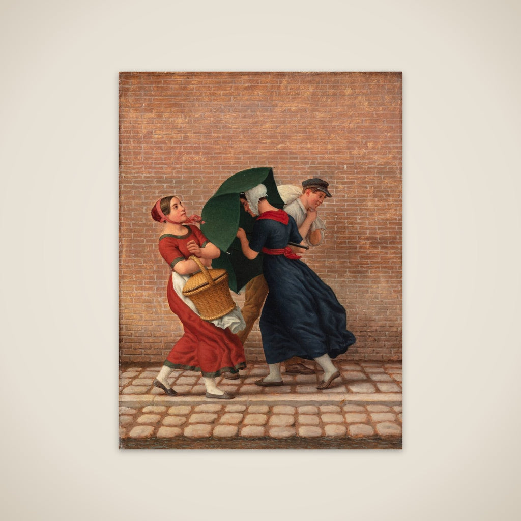 Gadescene i blæst og regn unframed print