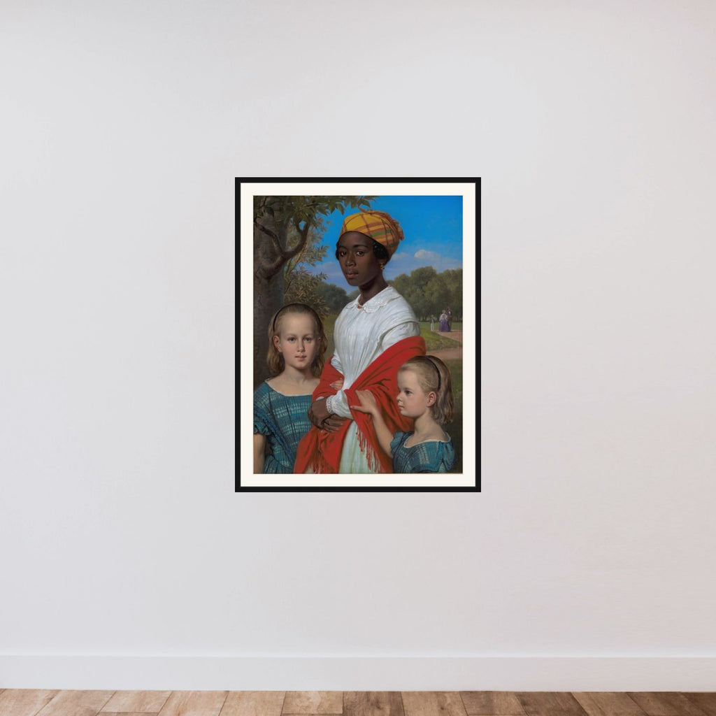 Portræt af Otto Marstrands to døtre og deres vestindiske barnepige, Justina Antoine, i Frederiksberg Have framed — shown to scale