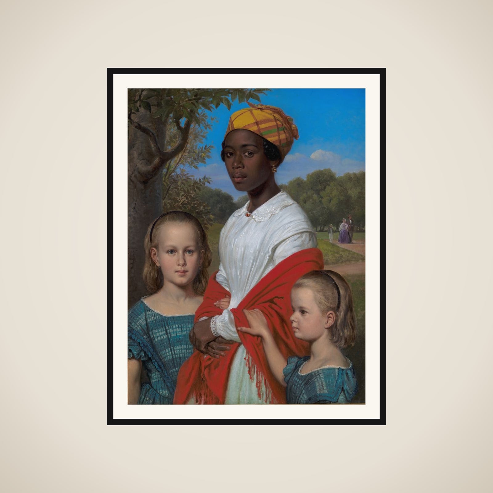 Portræt af Otto Marstrands to døtre og deres vestindiske barnepige, Justina Antoine, i Frederiksberg Have framed