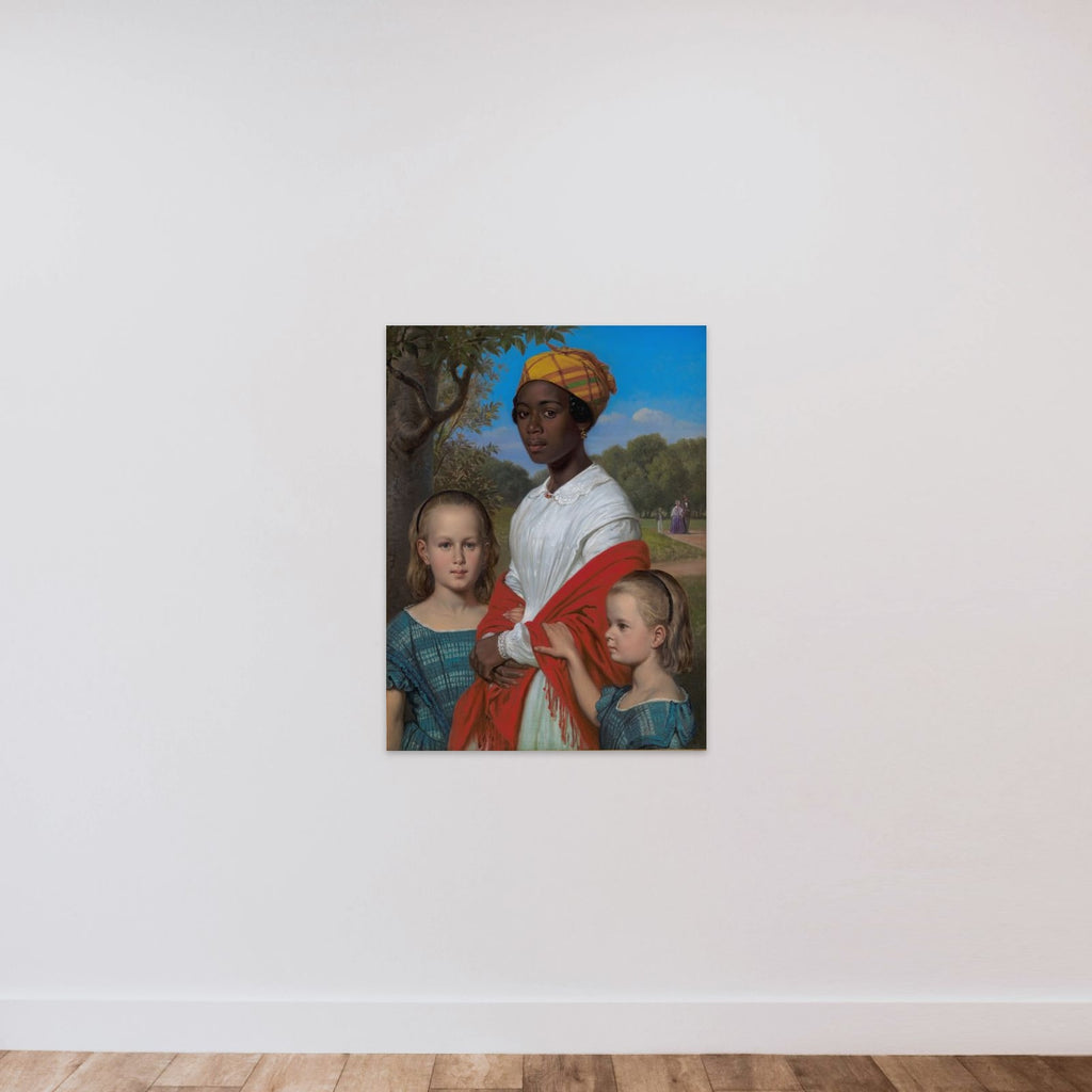 Portræt af Otto Marstrands to døtre og deres vestindiske barnepige, Justina Antoine, i Frederiksberg Have unframed — shown to scale