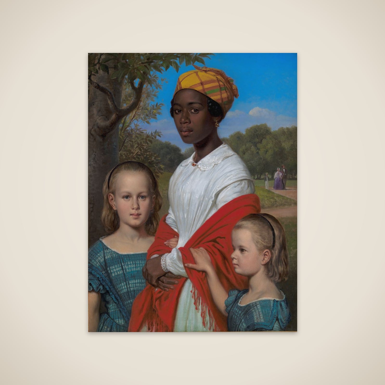 Portræt af Otto Marstrands to døtre og deres vestindiske barnepige, Justina Antoine, i Frederiksberg Have unframed print