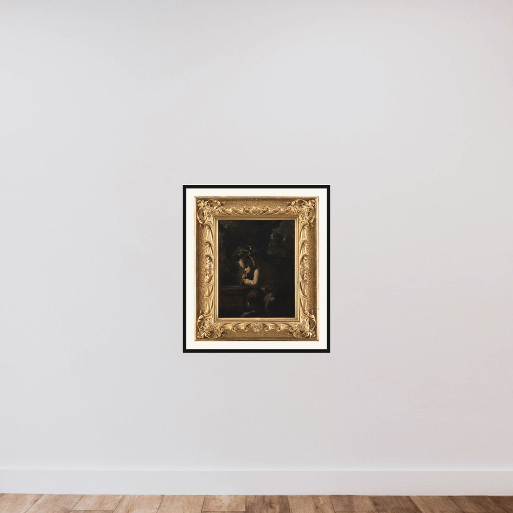 Lille satyr der drikker fra en tønde framed — shown to scale