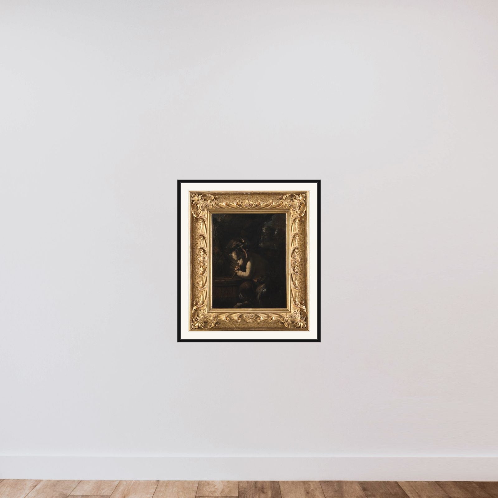 Lille satyr der drikker fra en tønde framed — shown to scale