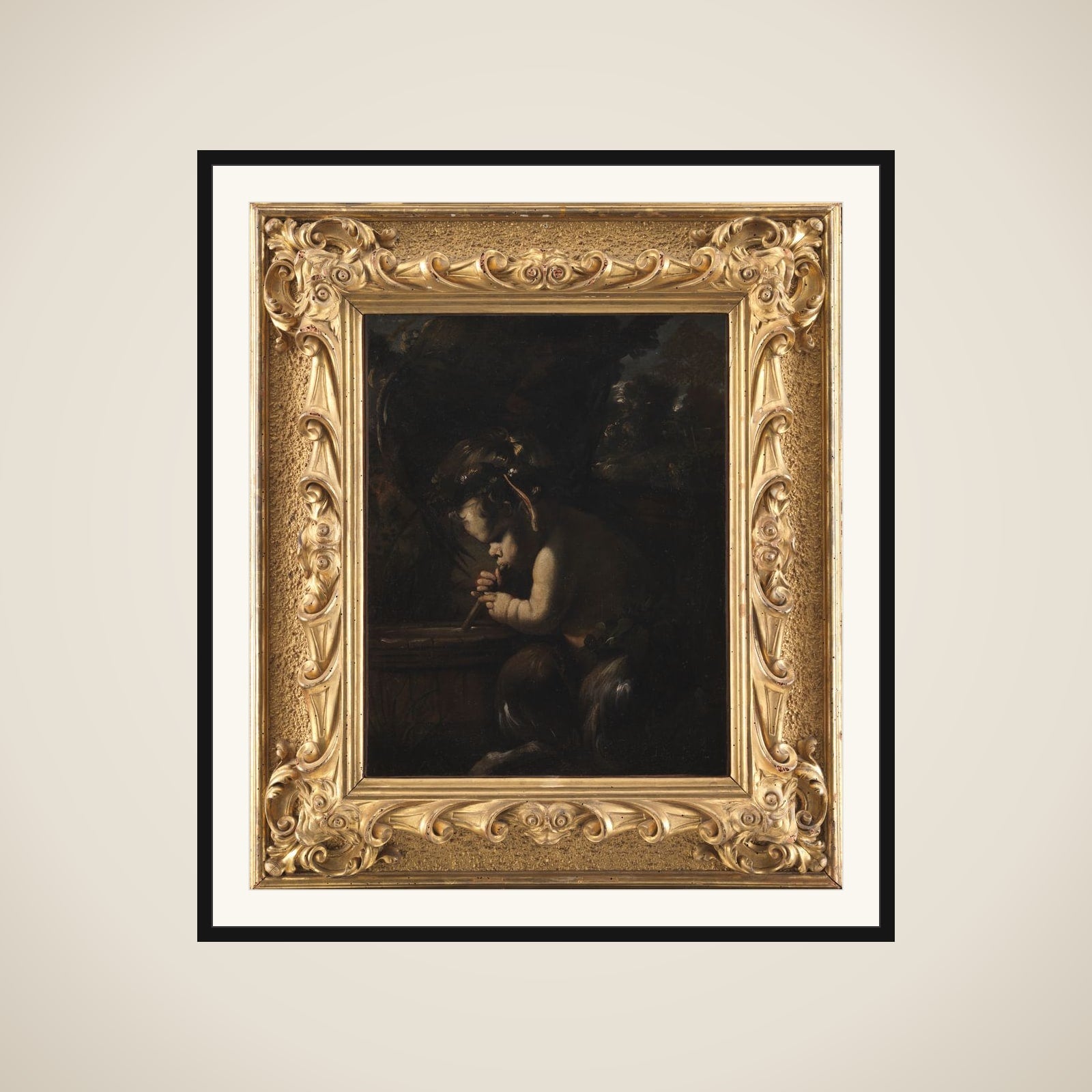 Lille satyr der drikker fra en tønde framed