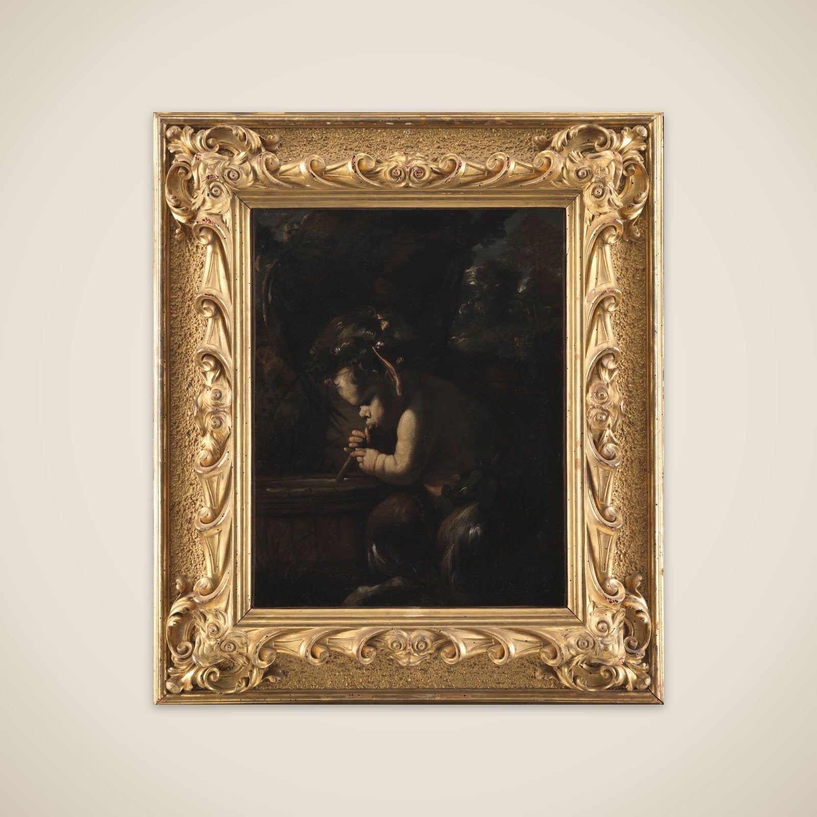 Lille satyr der drikker fra en tønde unframed print