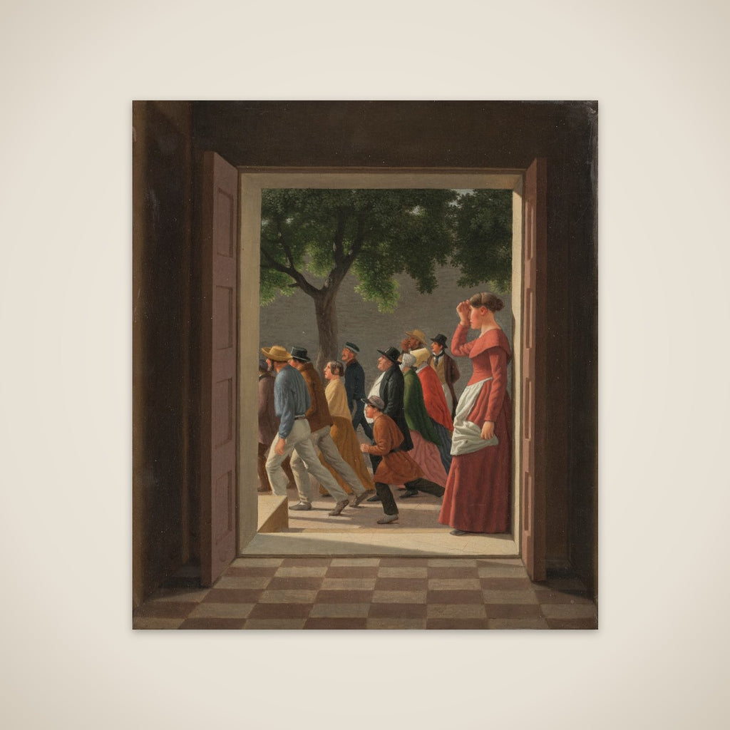 Udsigt gennem en dør til løbende figurer unframed print
