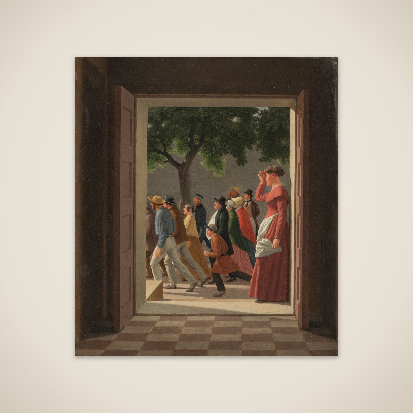 Udsigt gennem en dør til løbende figurer unframed print
