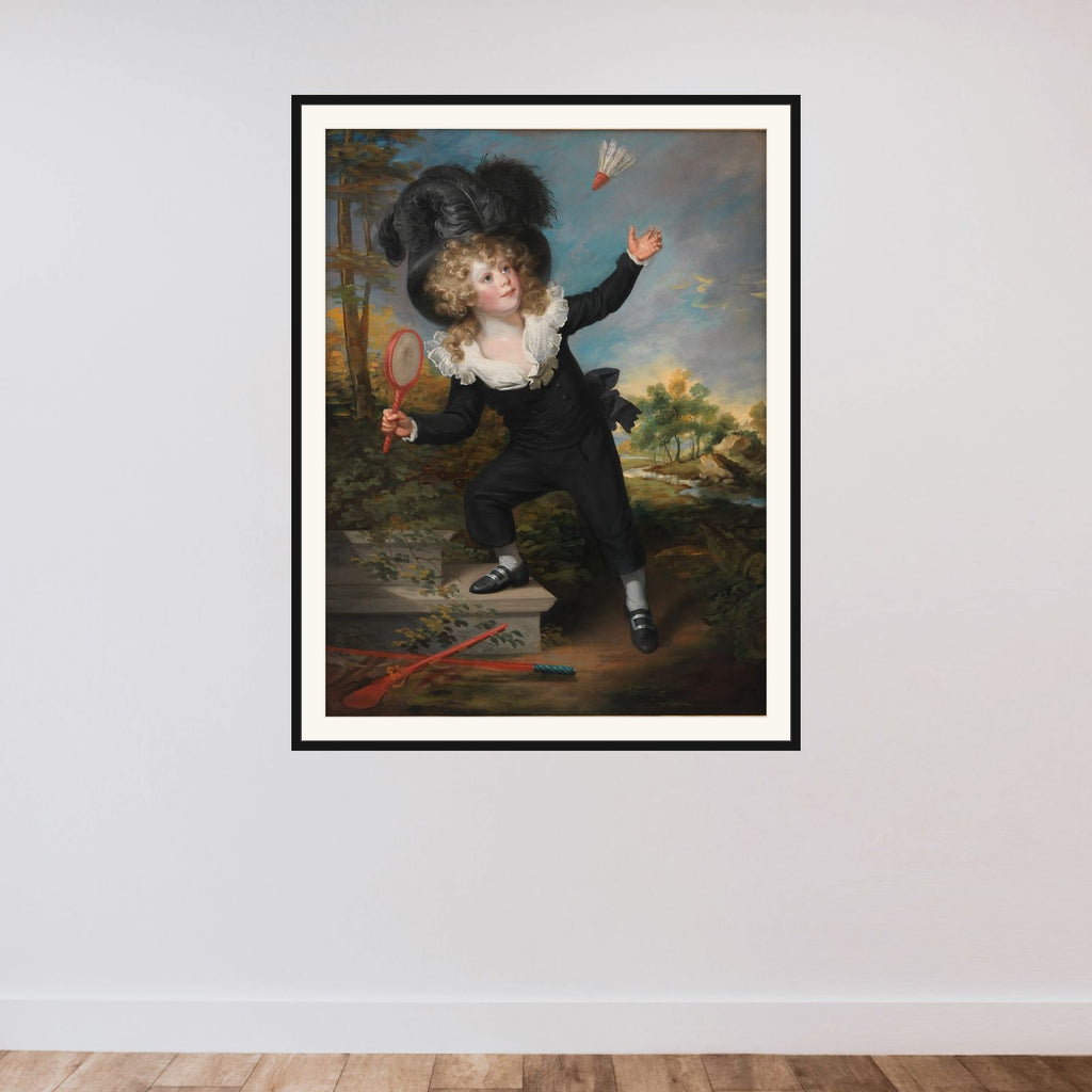Portræt af Kennett Dixon, der spiller badminton framed — shown to scale