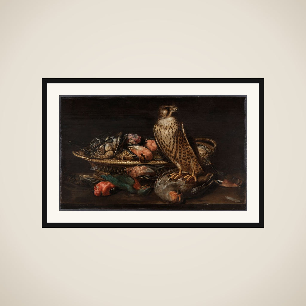 Stilleben med vandrefalk og fugle framed