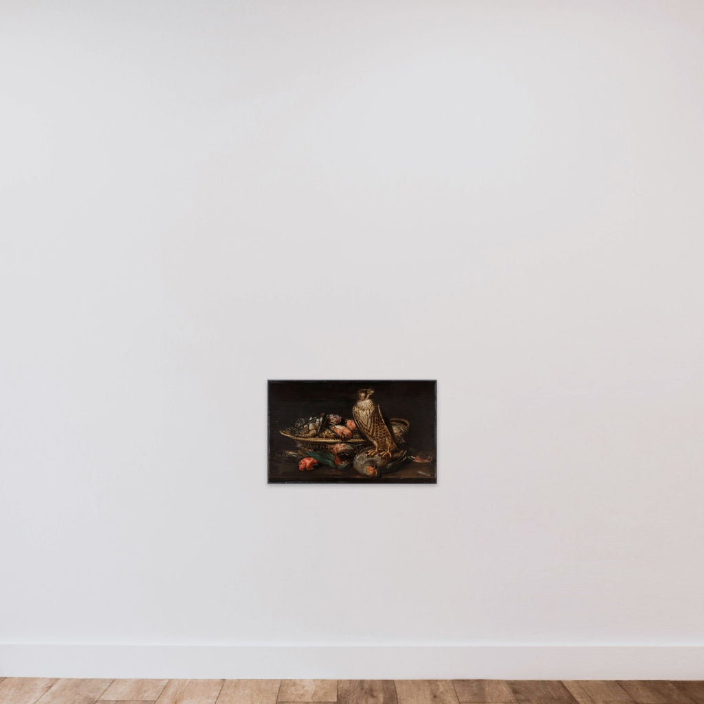 Stilleben med vandrefalk og fugle unframed — shown to scale