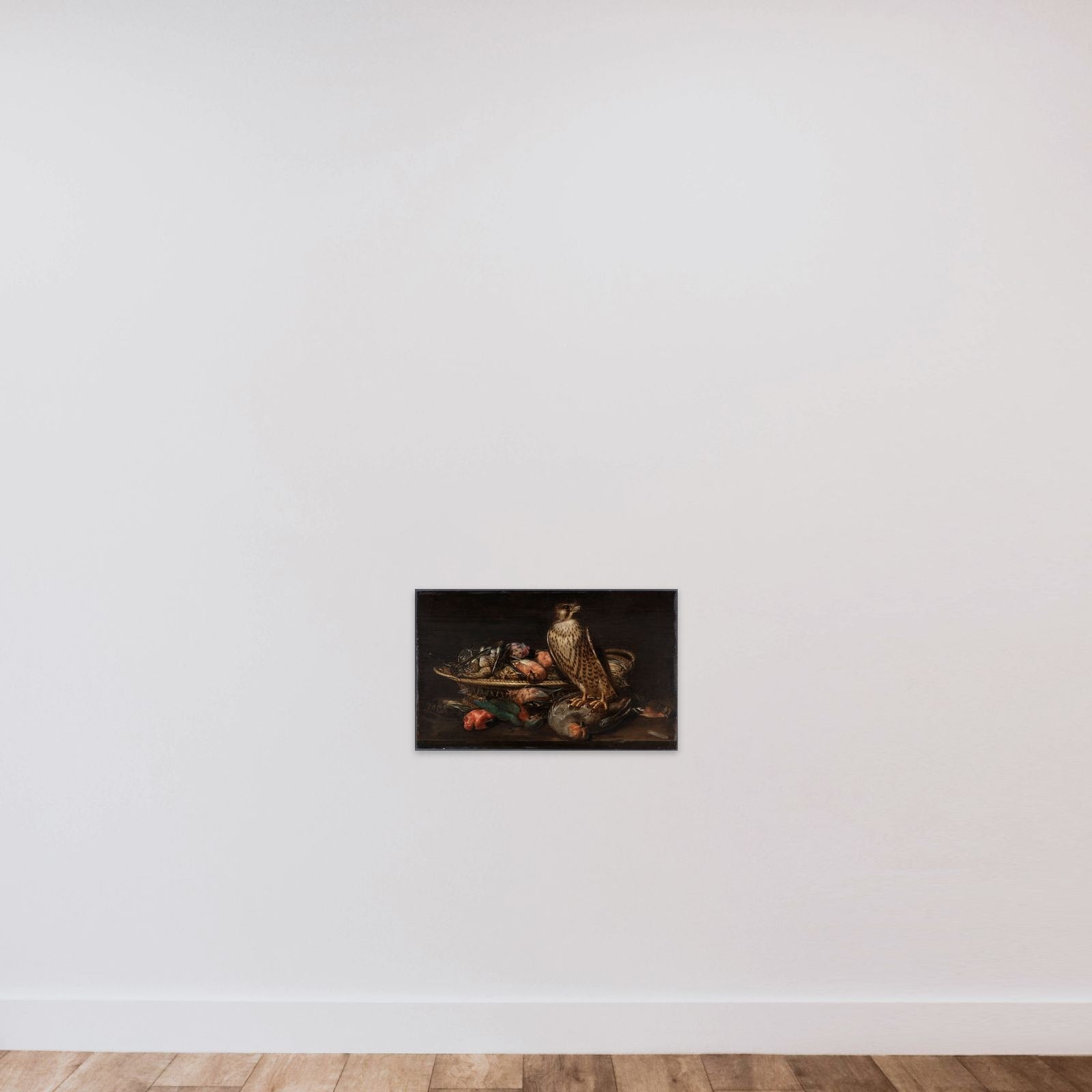 Stilleben med vandrefalk og fugle unframed — shown to scale