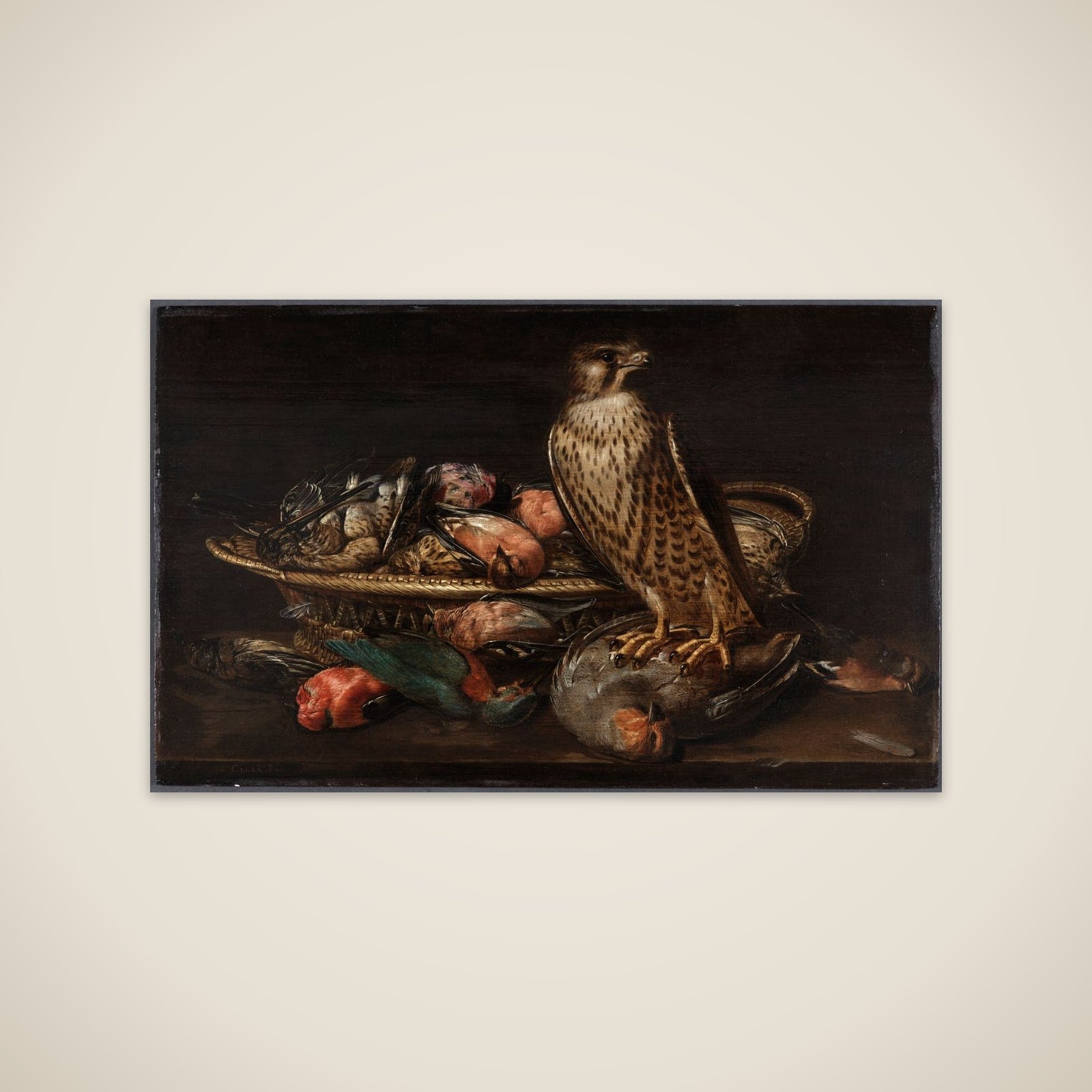 Stilleben med vandrefalk og fugle unframed print