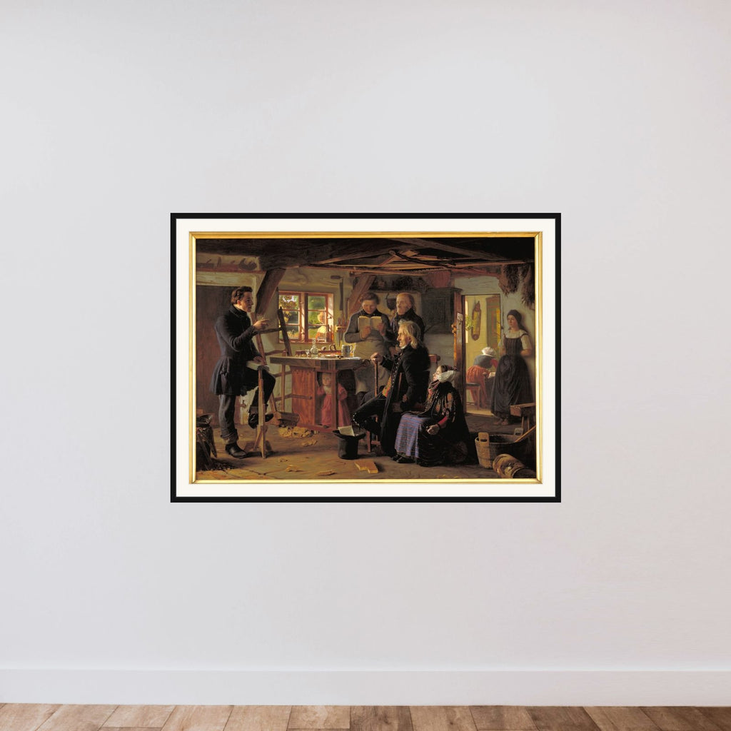 Mormoner på besøg hos en tømrer på landet framed — shown to scale
