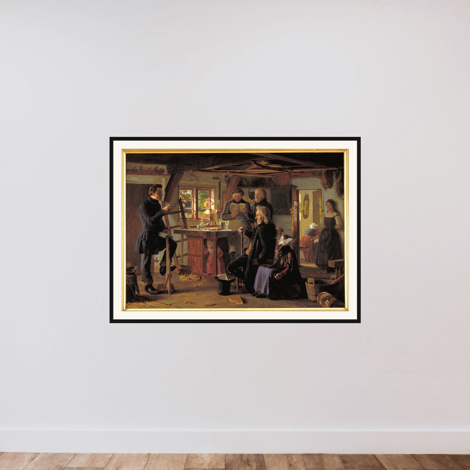 Mormoner på besøg hos en tømrer på landet framed — shown to scale
